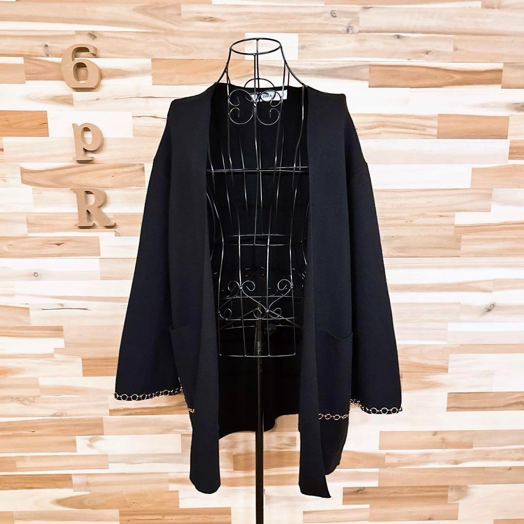 希少【ザラ】ノーカラー レーヨン ニット コート リング チェーン装飾 S黒×金【HFby6PR】レディース・洋服・秋冬【H3G9Y3X】_画像4
