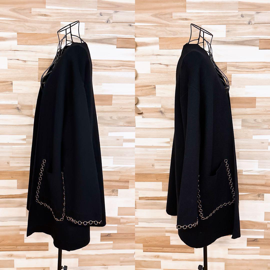 希少【ザラ】ノーカラー レーヨン ニット コート リング チェーン装飾 S黒×金【HFby6PR】レディース・洋服・秋冬【H3G9Y3X】_画像7