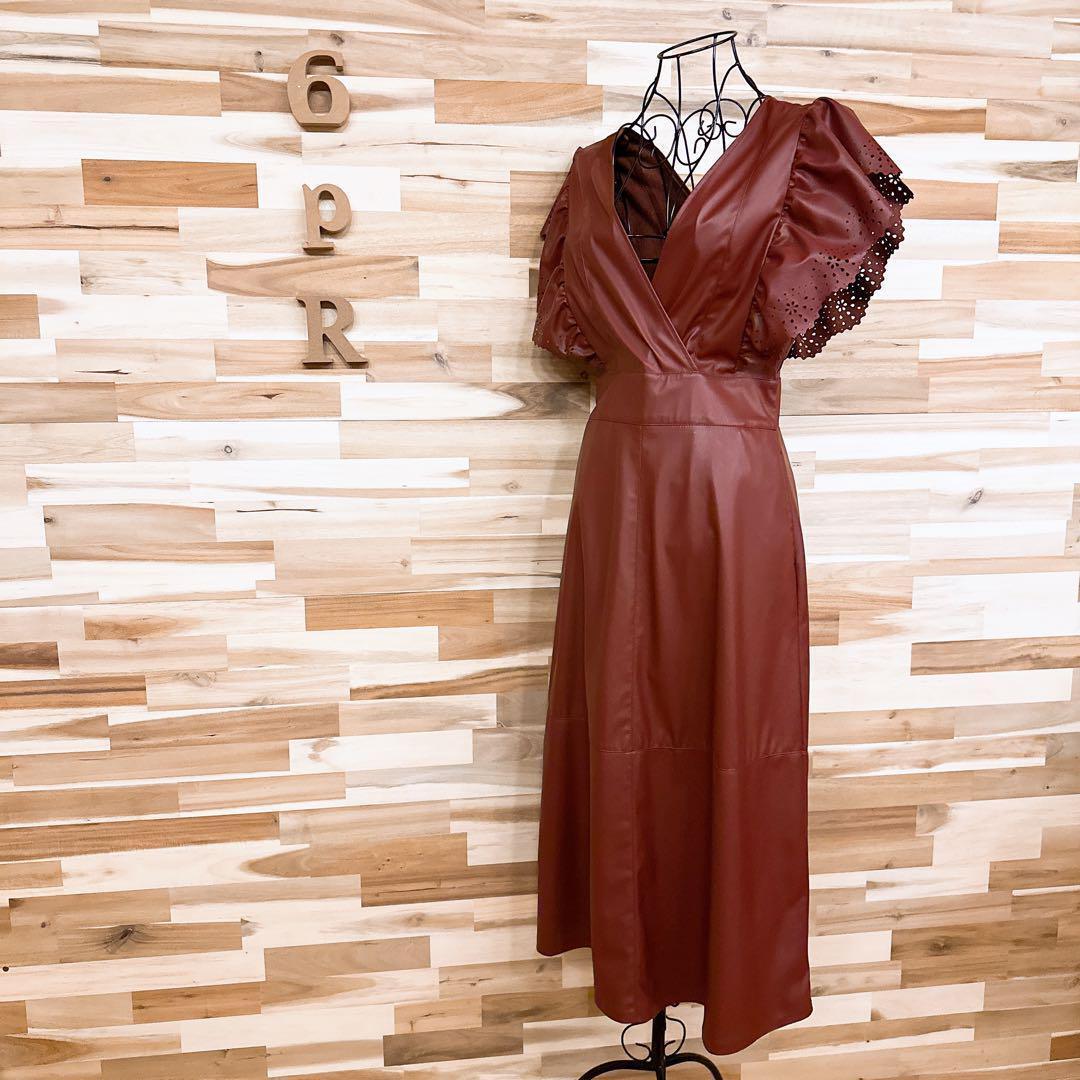 未使用【ザラ】フェイク レザー フリル スリーブ ロング ドレス ワンピースS茶【HFby6PR】レディース・洋服・春夏・秋冬【H4G3V3K】_画像1