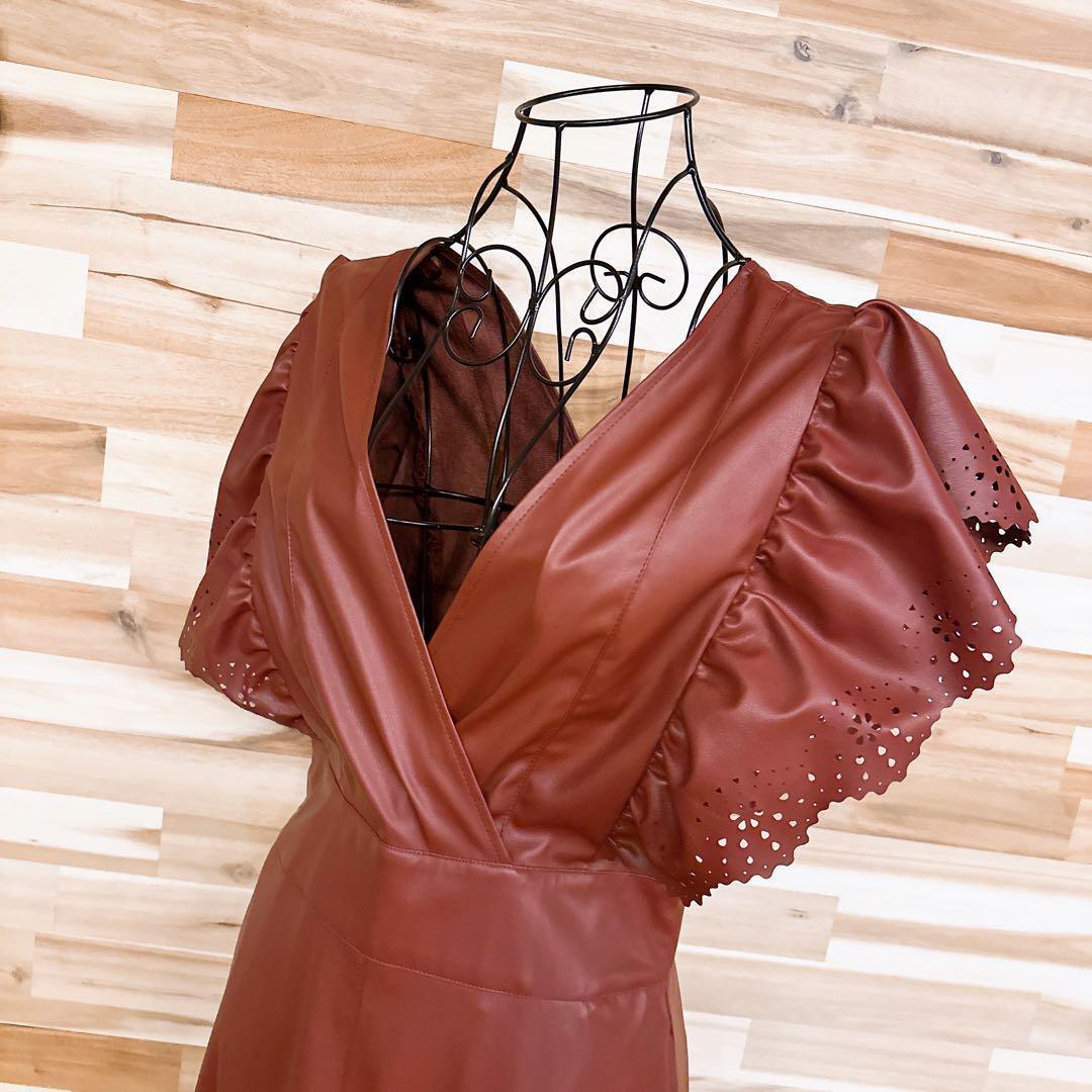 未使用【ザラ】フェイク レザー フリル スリーブ ロング ドレス ワンピースS茶【HFby6PR】レディース・洋服・春夏・秋冬【H4G3V3K】_画像2