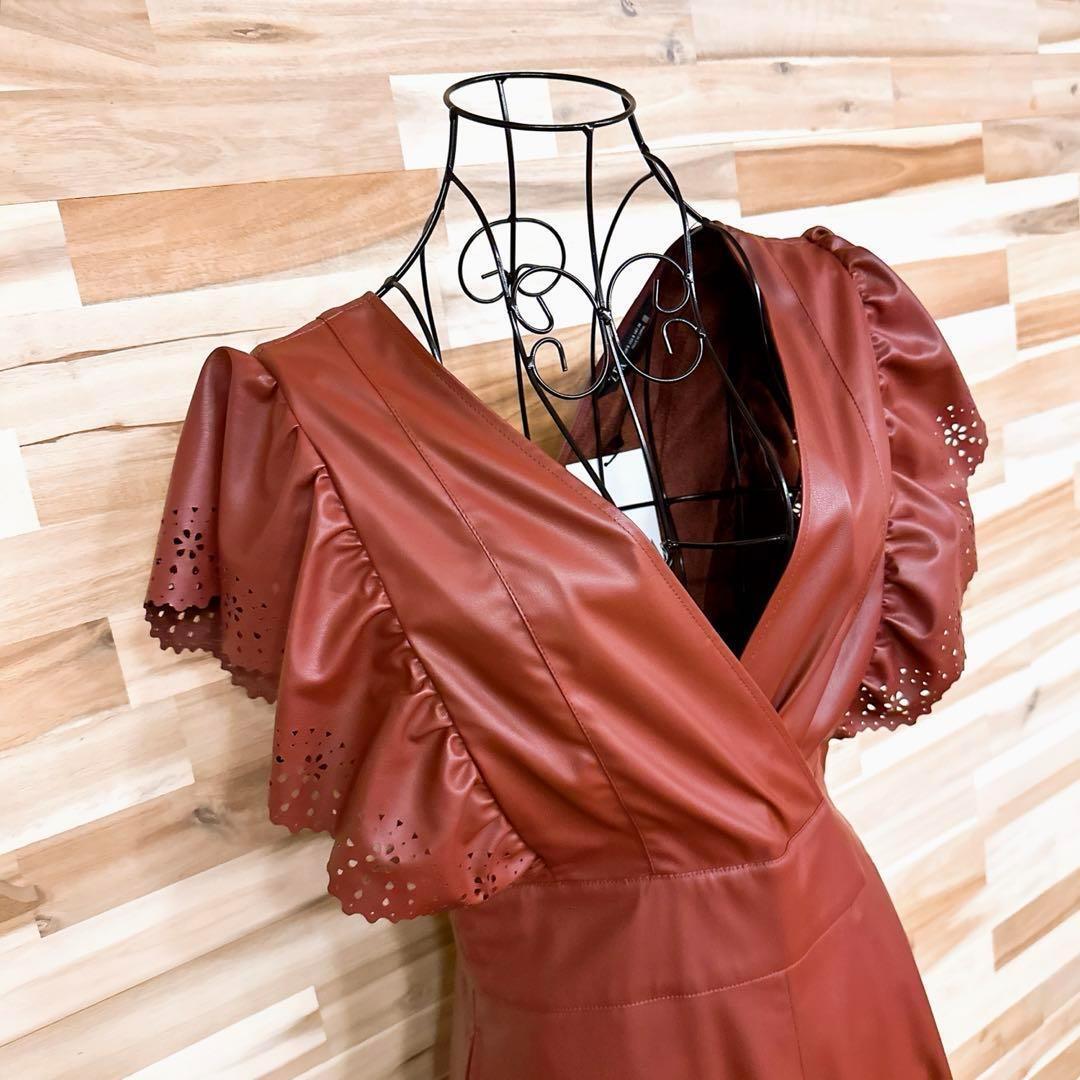 未使用【ザラ】フェイク レザー フリル スリーブ ロング ドレス ワンピースS茶【HFby6PR】レディース・洋服・春夏・秋冬【H4G3V3K】_画像3