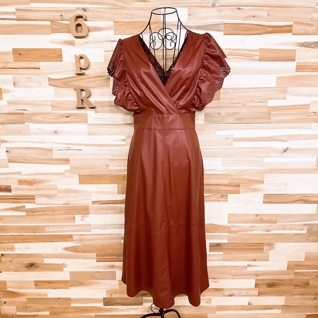 未使用【ザラ】フェイク レザー フリル スリーブ ロング ドレス ワンピースS茶【HFby6PR】レディース・洋服・春夏・秋冬【H4G3V3K】_画像5