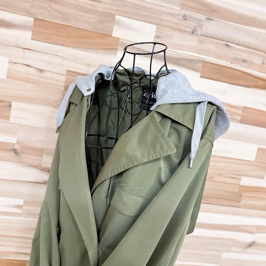 希少【ザラ】オーバーサイズ ミリタリー トレンチ コート フード S-M カーキ【HFby6PR】レディース・洋服・秋冬【W7F3T4X】_画像2