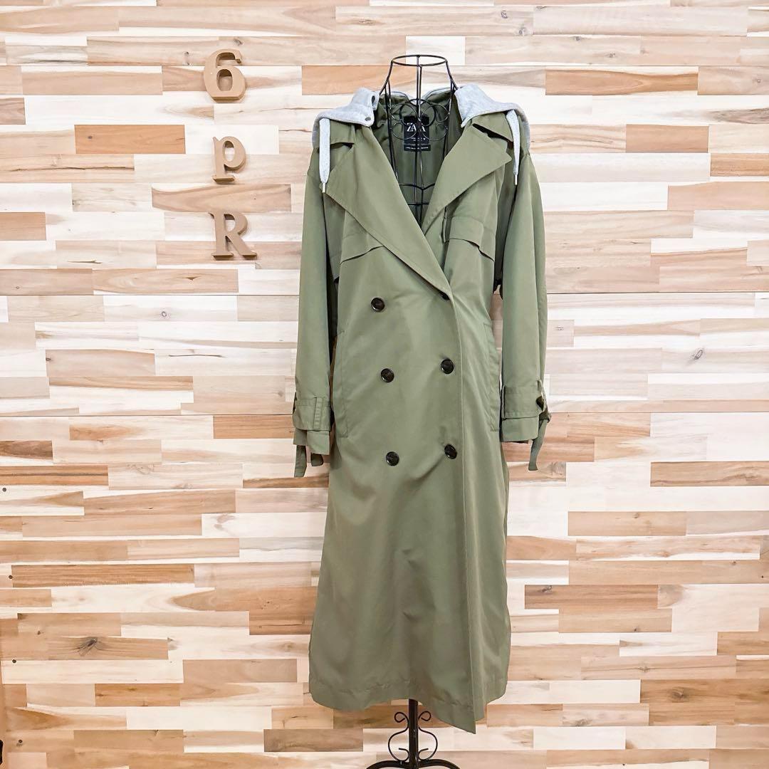 希少【ザラ】オーバーサイズ ミリタリー トレンチ コート フード S-M カーキ【HFby6PR】レディース・洋服・秋冬【W7F3T4X】_画像4