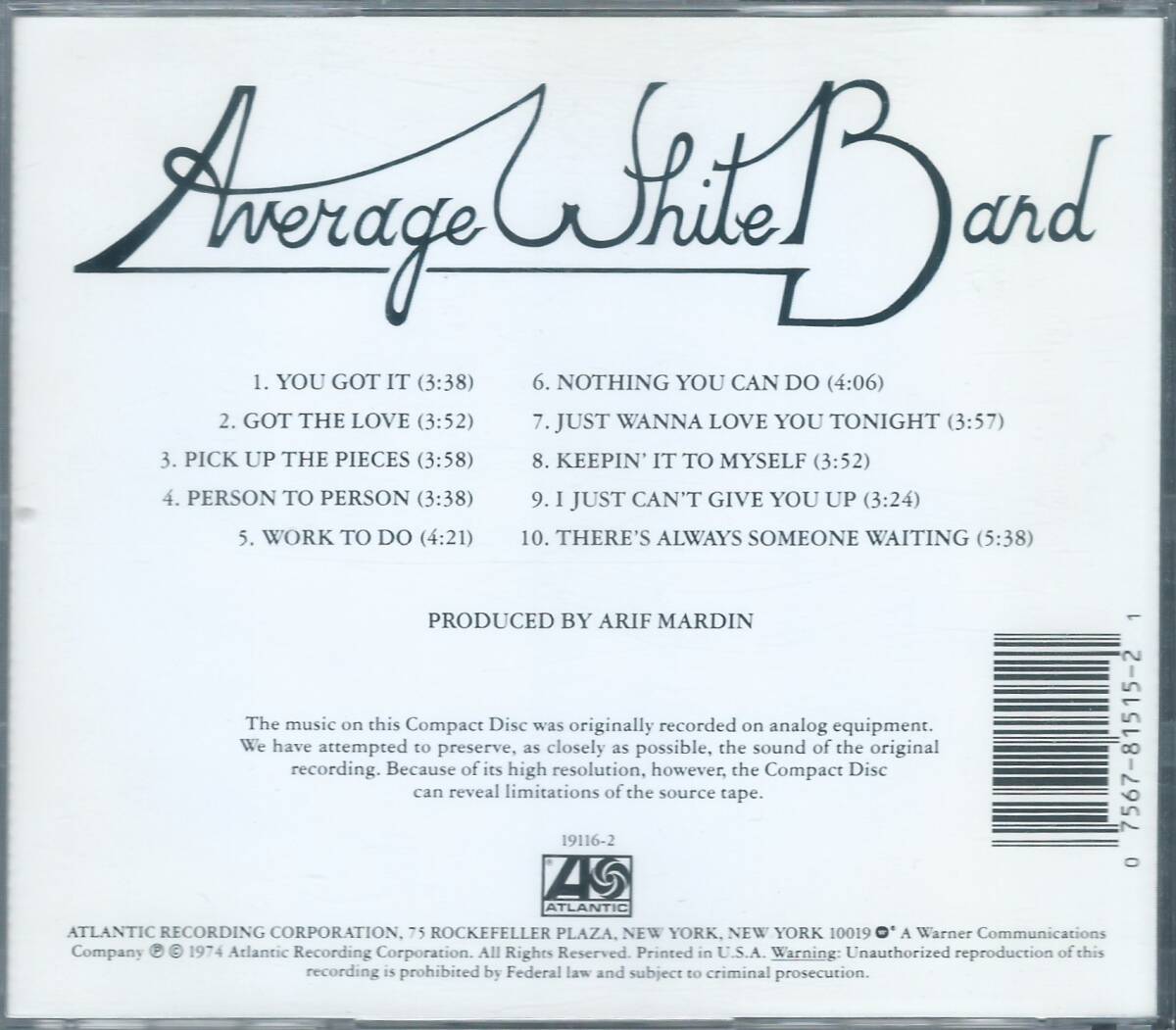 AVERAGE WHITE BAND / Average White Band (1974) 19116-2 USA盤 CD アヴェレイジ・ホワイト・バンド / AWB 4枚同梱発送可能の画像2