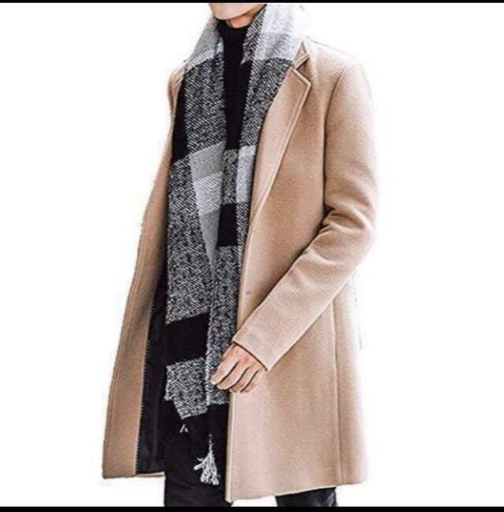 メンズ メルトン コート チェスターコート ロング 丈 キャメル サイズL アウター 勝負服 綺麗目シルエット_画像1