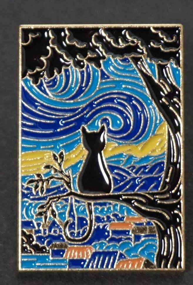 《縦星月夜風FR大木黒猫》■木の上黒猫星月夜絵画調■■『星月夜.黒猫』 ■■新品 激渋■ ■**ネコ好き**絵画アートピンバッジ_画像1