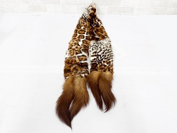 マフラー ファーストール 毛皮 スパニッシュラビット ロシアンセーブル テール付き 高級素材/10x140cm/アニマル柄/1円スタート/AY_画像1