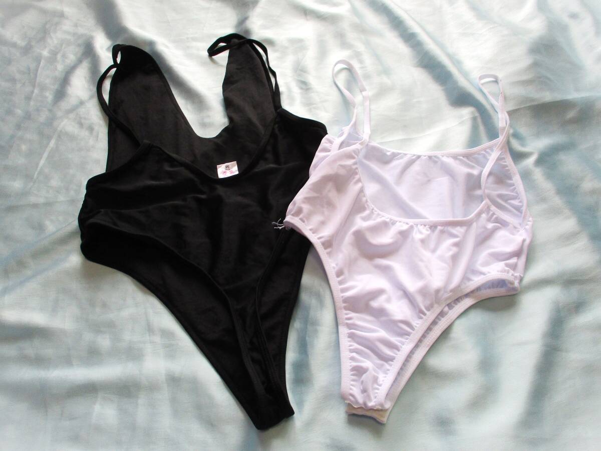 コスプレ用? Mくらい すべすべ ブラック ホワイト 2着 超ハイレグ ウェア レオタード 純白 極薄 クロッチホック 衣装アンダーにも BLAC34_画像1