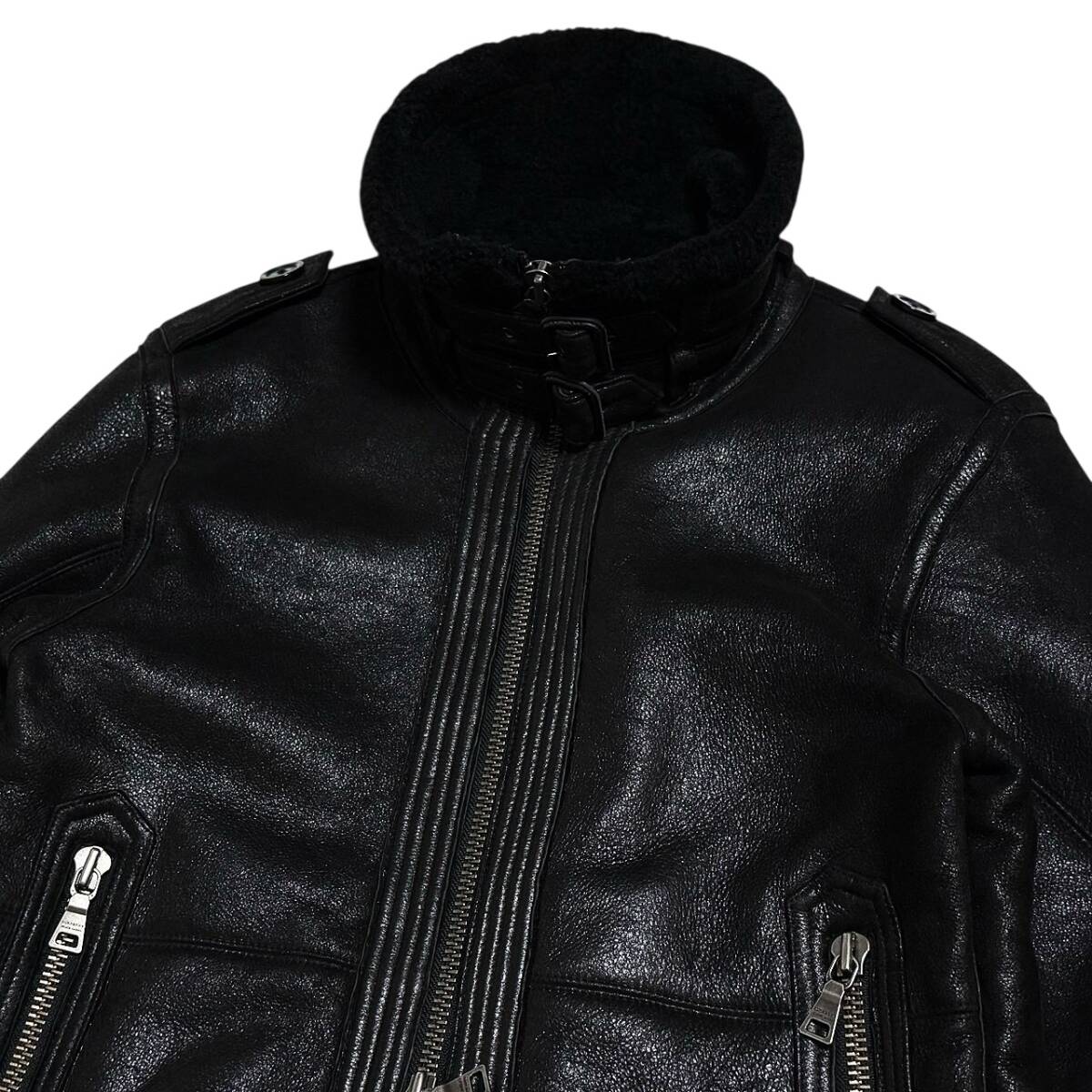 超希少 定16.8万 極美品 バーバリーブラックレーベル リアルムートン レザー B-3 アビエーター ジャケット M 黒 羊革 BURBERRY BLACK LABEL_画像5