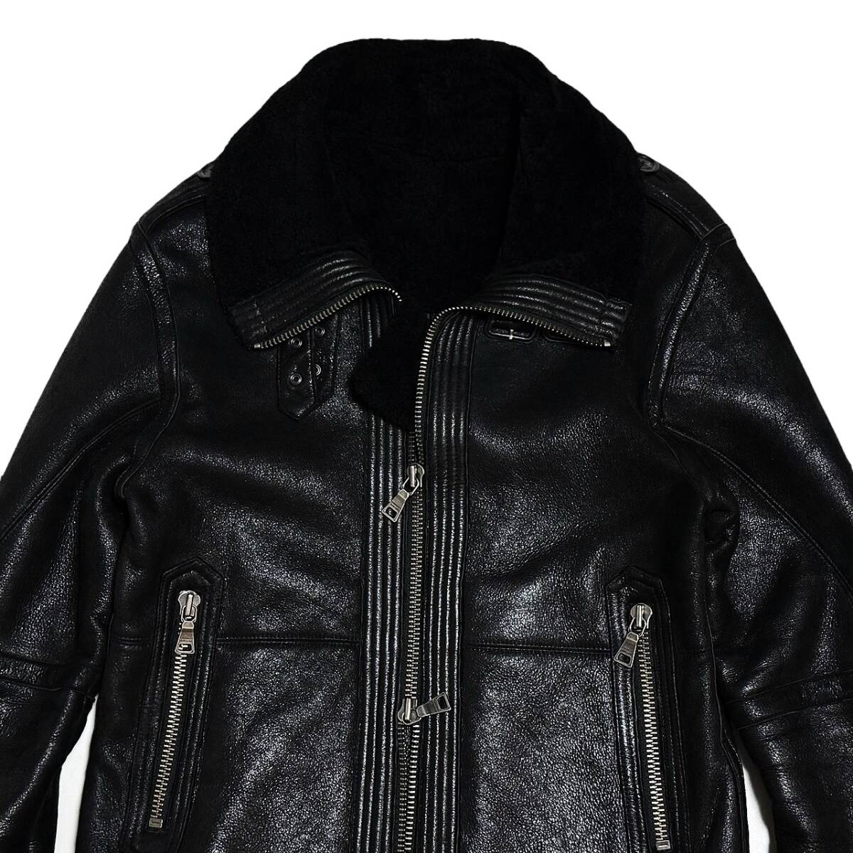 超希少 定16.8万 極美品 バーバリーブラックレーベル リアルムートン レザー B-3 アビエーター ジャケット M 黒 羊革 BURBERRY BLACK LABEL_画像4
