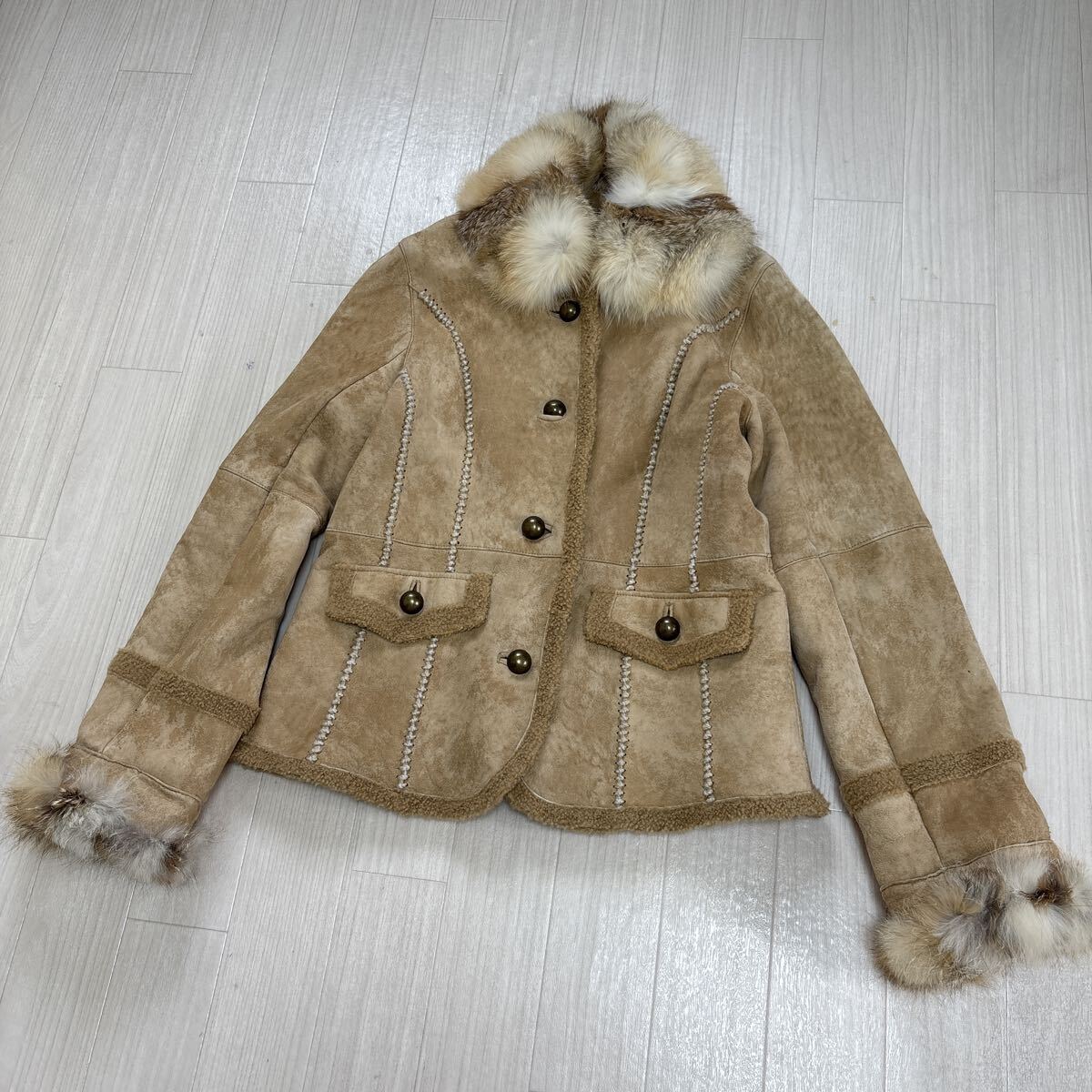 y2k ムートン ジャケット ラム サンドフォクスファー ベージュ レディース サイズF_画像1