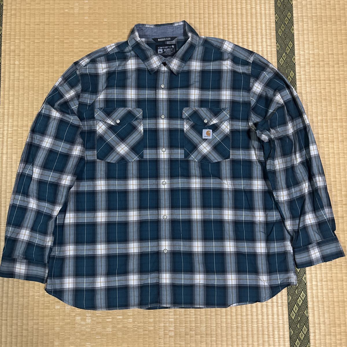 5回着用 carhartt カーハート チェック 長袖 ストレッチ ワーク シャツ 2XLグリーン系 レア_画像1