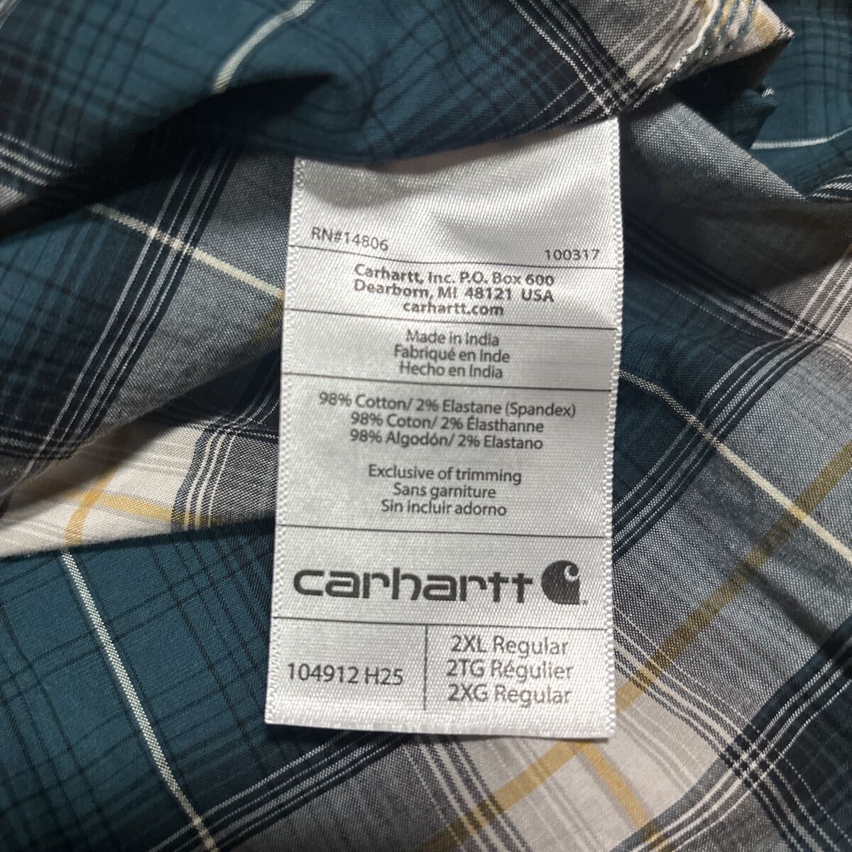 5回着用 carhartt カーハート チェック 長袖 ストレッチ ワーク シャツ 2XLグリーン系 レア_画像6