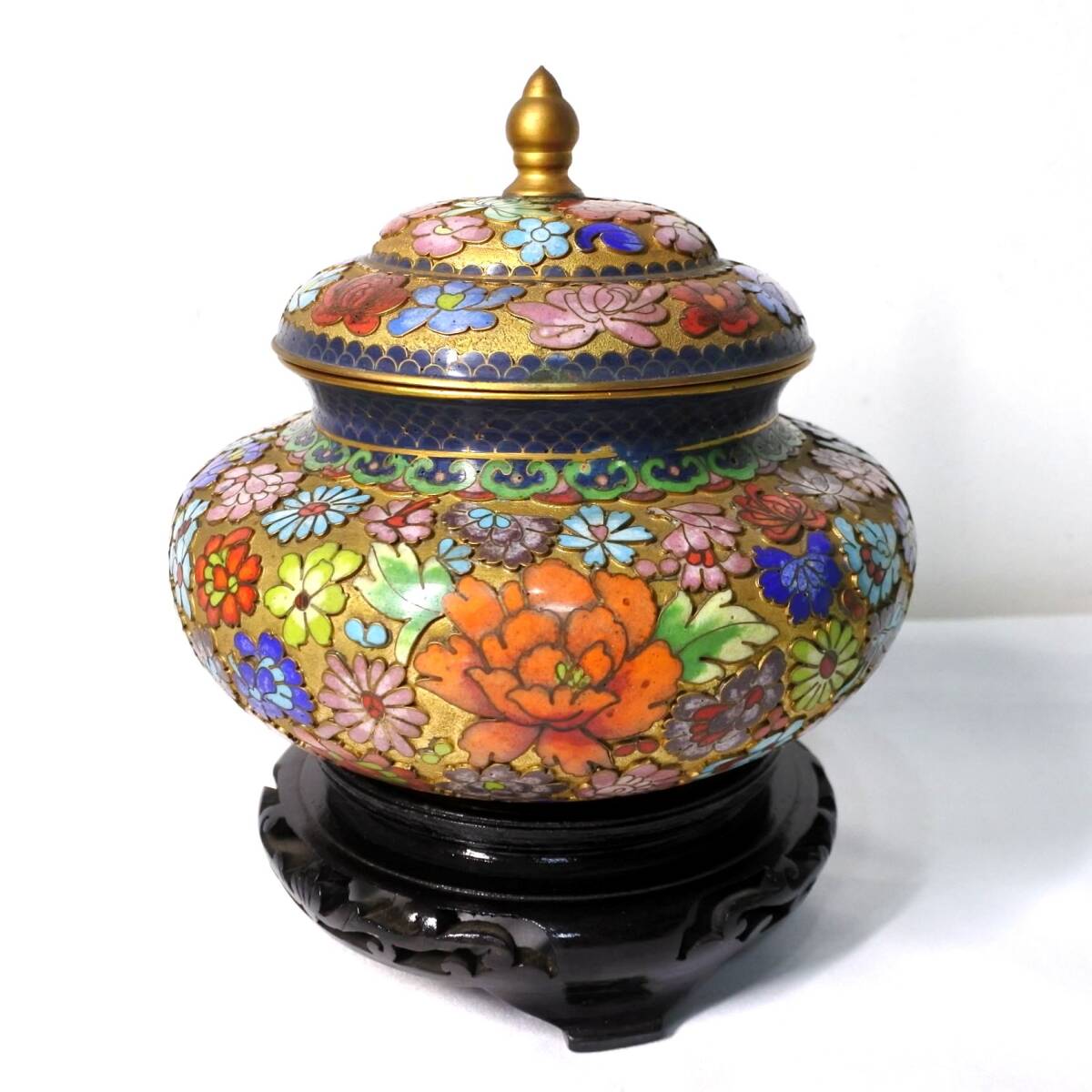 景泰藍 中国七宝 真鍮 銅製 花文 香炉 木製台付き 中国工芸 ヴィンテージ ◆marineblue◆_画像1