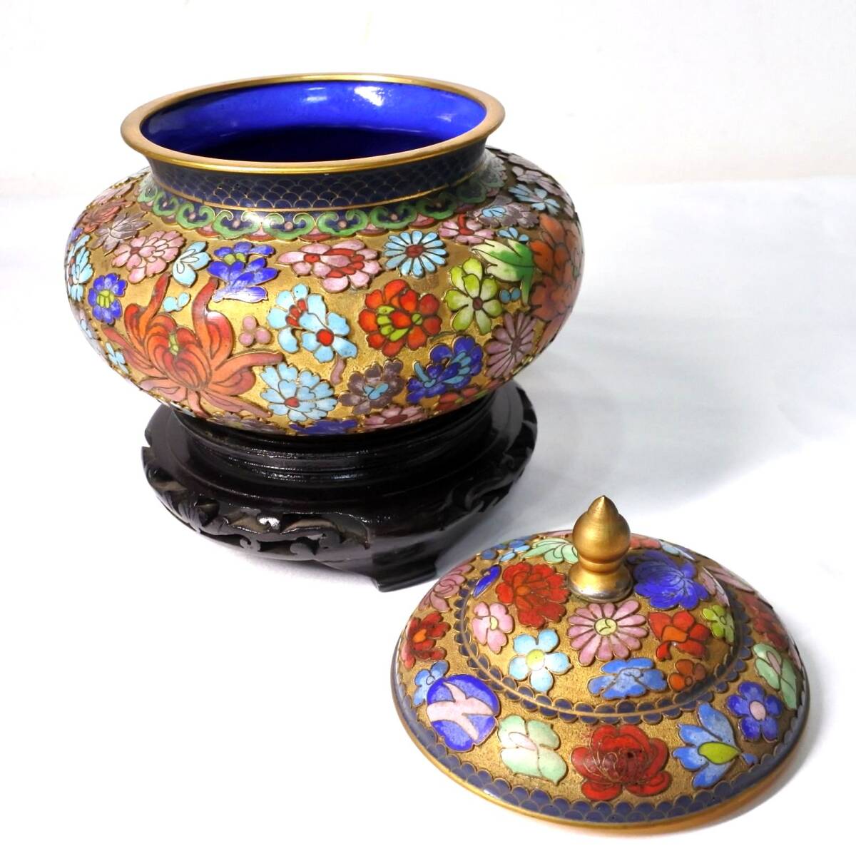 景泰藍 中国七宝 真鍮 銅製 花文 香炉 木製台付き 中国工芸 ヴィンテージ ◆marineblue◆_画像6