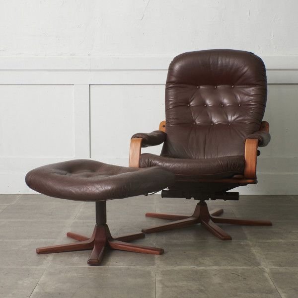 IZ80082N★2点セット スウェーデン GOTE MOBLER ラウンジチェア オットマン 本革 ビーチ 木製 イージーチェア ソファ 北欧 ヴィンテージ
