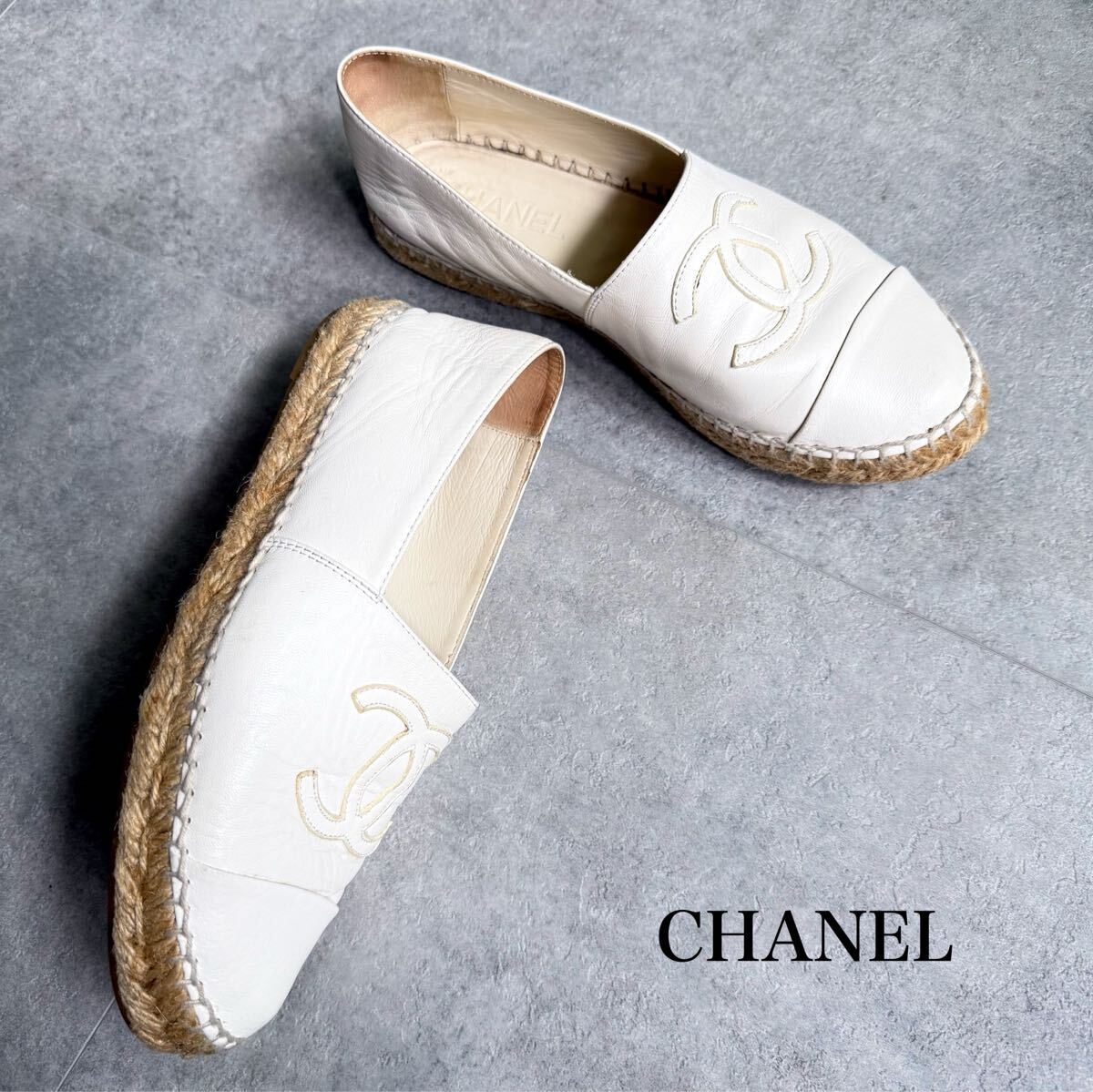 CHANEL シャネル エスパドリーユ ココマーク フラットシューズ レザー ホワイト 38 24.5cm レディース靴 スリッポン_画像1