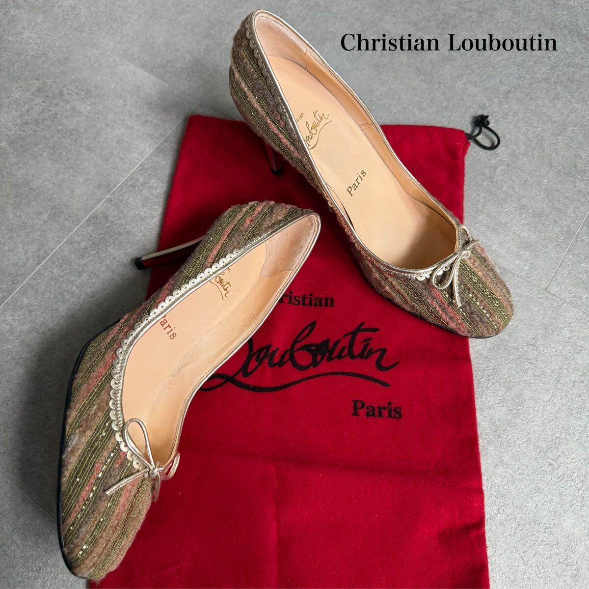 美品 Christian Louboutin クリスチャンルブタン ツイード リボン パンプス 38 25cm マルチカラー