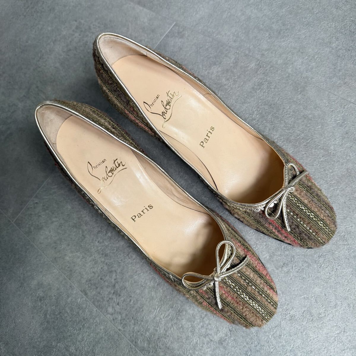 美品 Christian Louboutin クリスチャンルブタン ツイード リボン パンプス 38 25cm マルチカラー