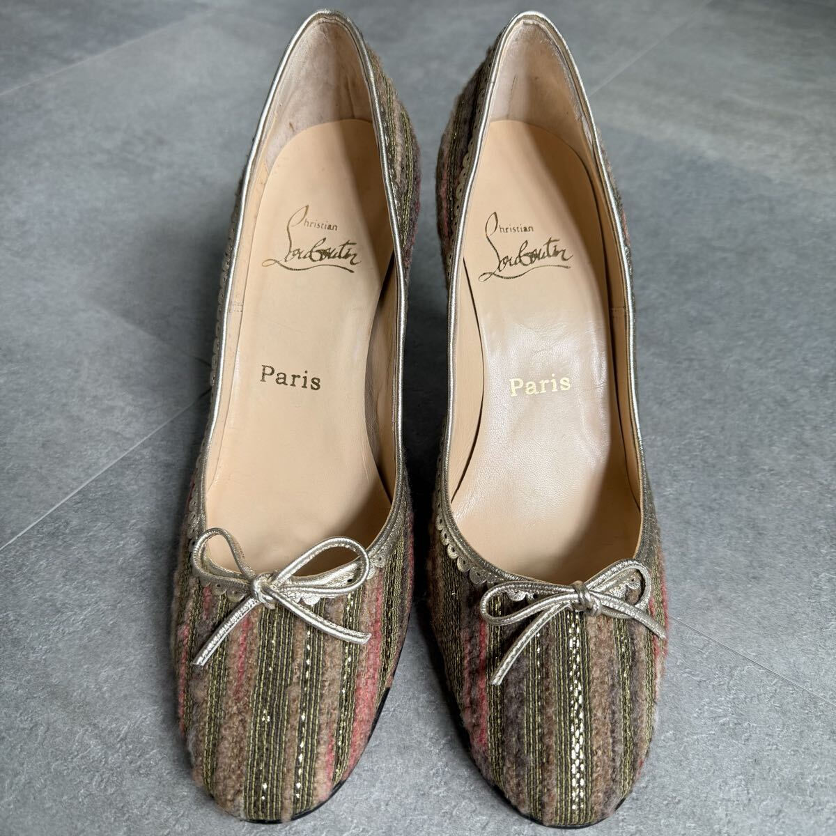 美品 Christian Louboutin クリスチャンルブタン ツイード リボン パンプス 38 25cm マルチカラー