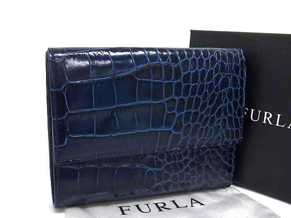 ■新品■未使用■ FURLA フルラ クロコダイル型押しレザー 三つ折り 財布 ウォレット 小銭入れ 札入れ カード入れ ブルー系 BR0522_画像1