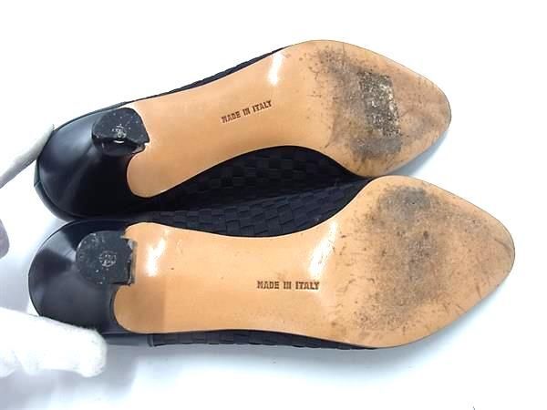 Salvatore Ferragamo フェラガモ レザー×キャンバス パンプス ヒール 靴 シューズ レディース ネイビー系 DF9393_画像4