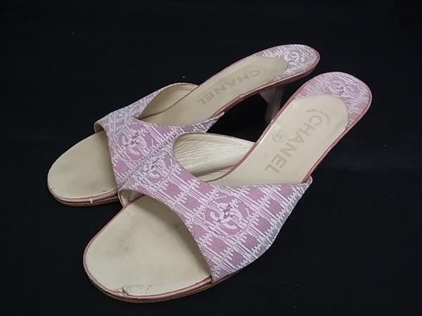 1円 CHANEL シャネル ココマーク ニュートラベルライン キャンバス ヒール サンダル サイズ37 1/2(約24.5cm) シューズ ピンク系 FN7565_画像1