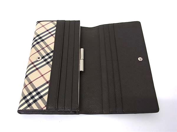 1円 ■美品■ BURBERRY バーバリー キャンバス×レザー チェック柄 二つ折り がま口 長財布 ウォレット ベージュ系×ブラウン系 FV3563_画像3