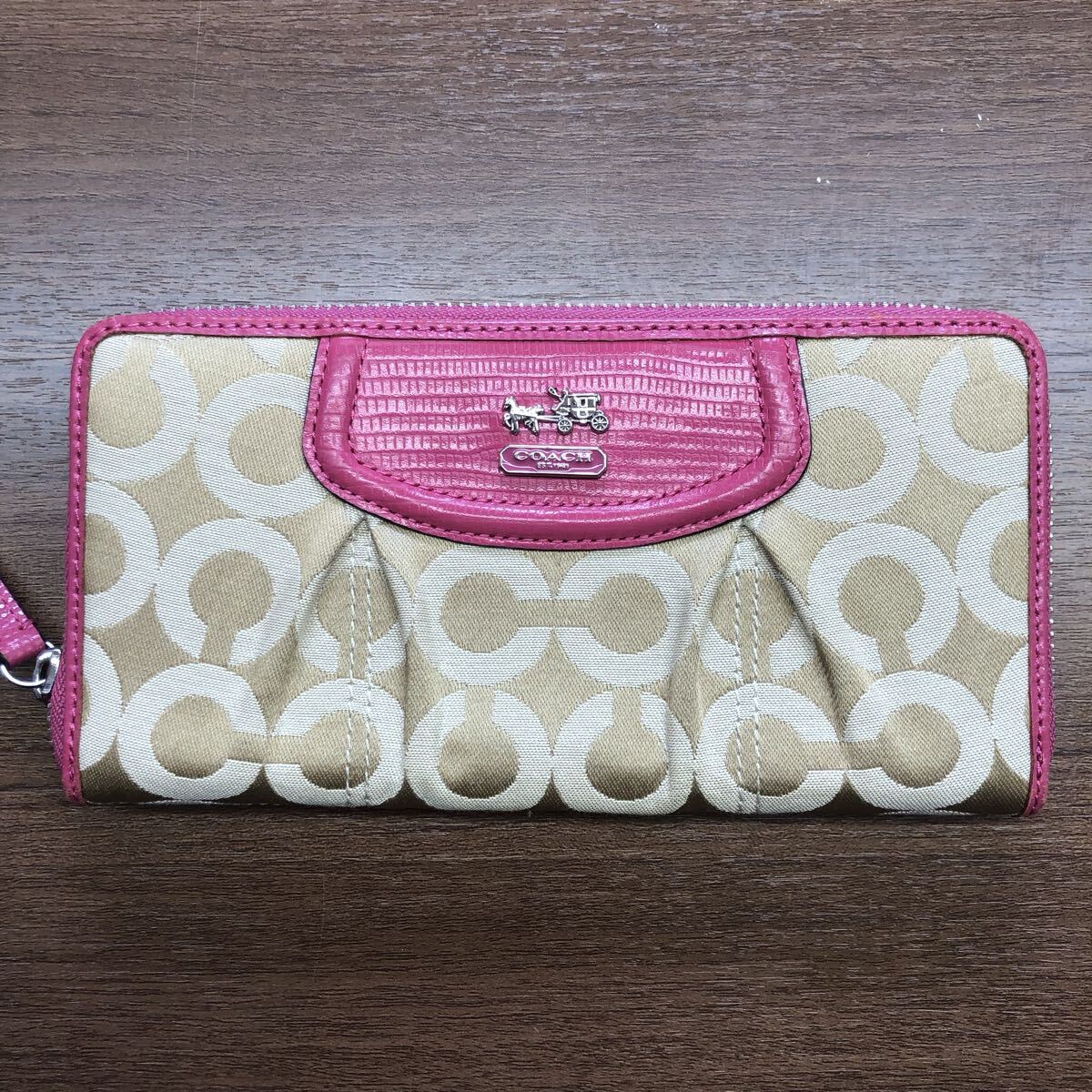 【037】 COACH コーチ 長財布 ウォレット ラウンドファスナー ピンク×ベージュ シグネチャー_画像1