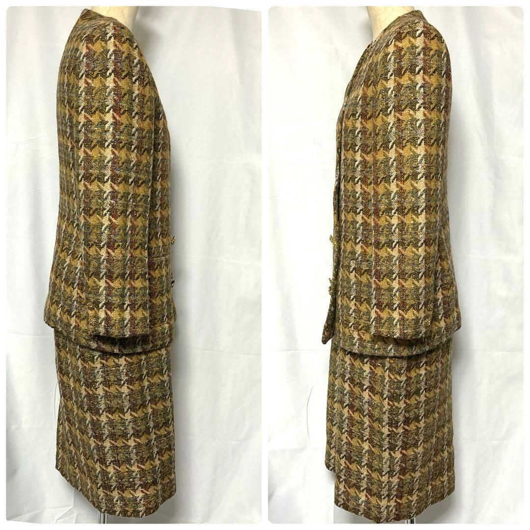 onwardオンワード JANE MORE マルチカラーチェック柄 スカートセットアップ 11号 Lサイズ ウールシルクジャケット スーツ カジュアル 女性_画像4