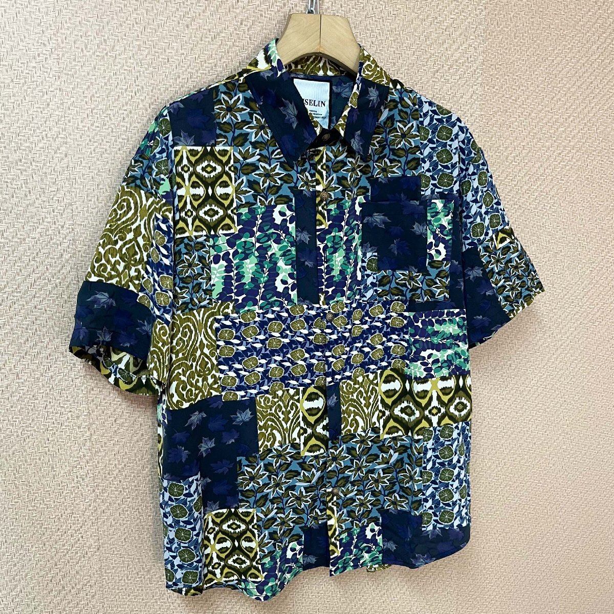 個性ヨーロッパ製※定価3万◆ブルガリア発※RISELIN 半袖シャツ シルク混 薄手 通気 涼しい 総柄 葉柄 アロハシャツ 旅行 夏服 L/48サイズ_画像8