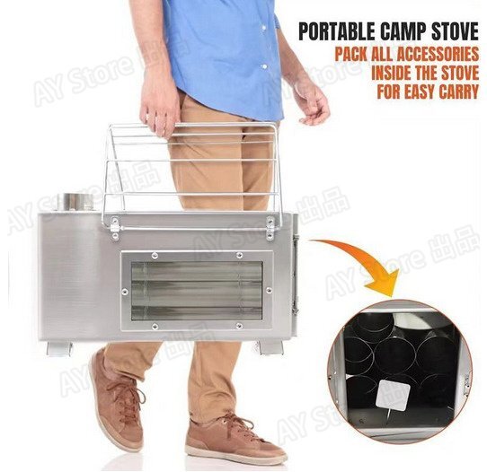 薪 ストーブ アウトドア 調理器具 暖炉 折りたたみ テント 煙突付き 3面の耐熱ガラス窓 組立式 焚き火台 (シルバー/ステンレス製) bhw0074_画像6