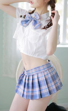 5250072　JK風ミニスカ制服コスプレリボン付き薄紫系X白Lサイズ_画像1