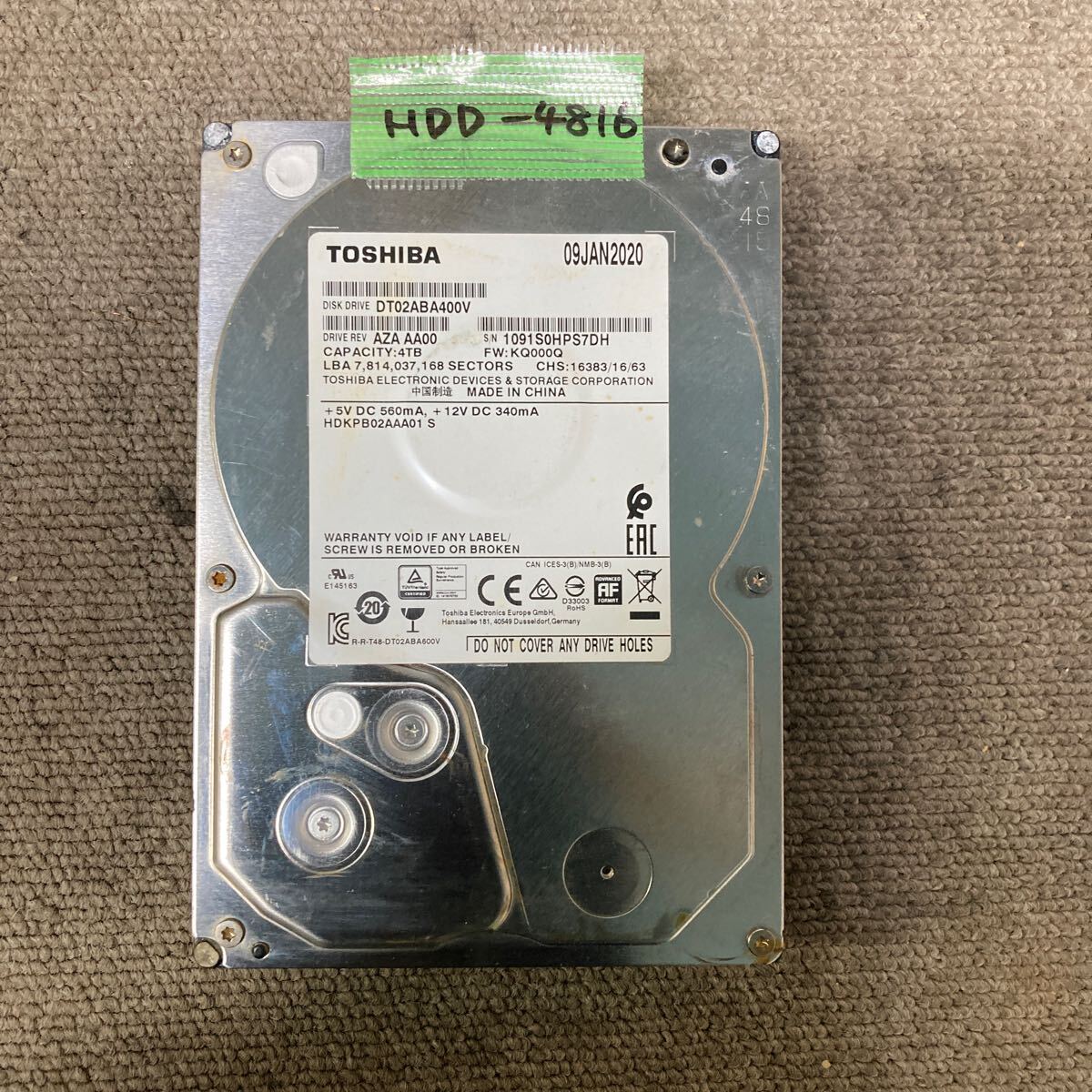 HDD-4816 激安 HDD4TB 3.5インチ SATA 6801時間 内蔵HDD TOSHIBA DT02ABA400V Crystaldiskinfoにて正常品 中古_画像1