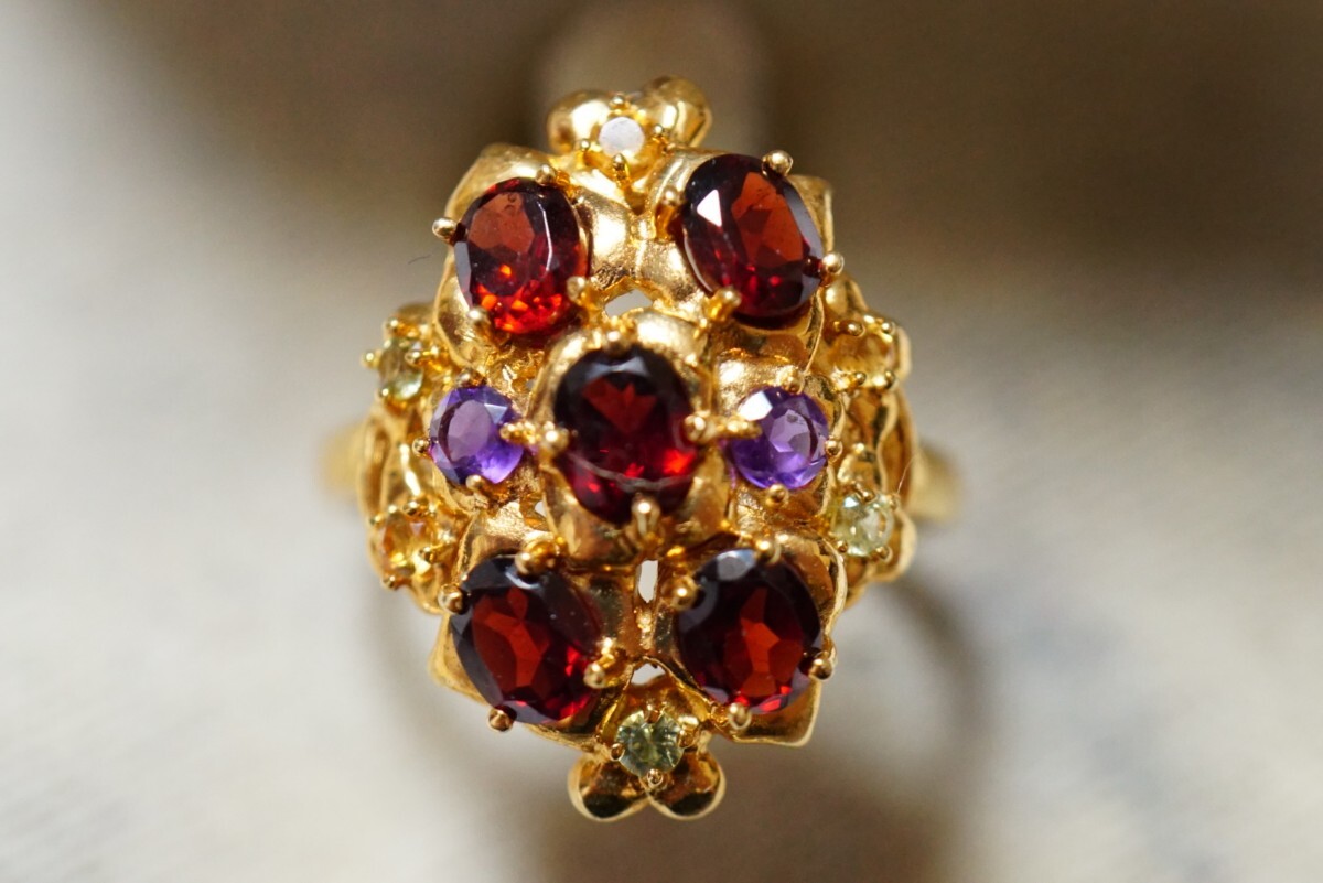 108 ガーネット アメジストなど ゴールドカラー リング 指輪 ヴィンテージ アクセサリー SILVER 925刻印 色石 宝石 カラーストーン 装飾品_画像1
