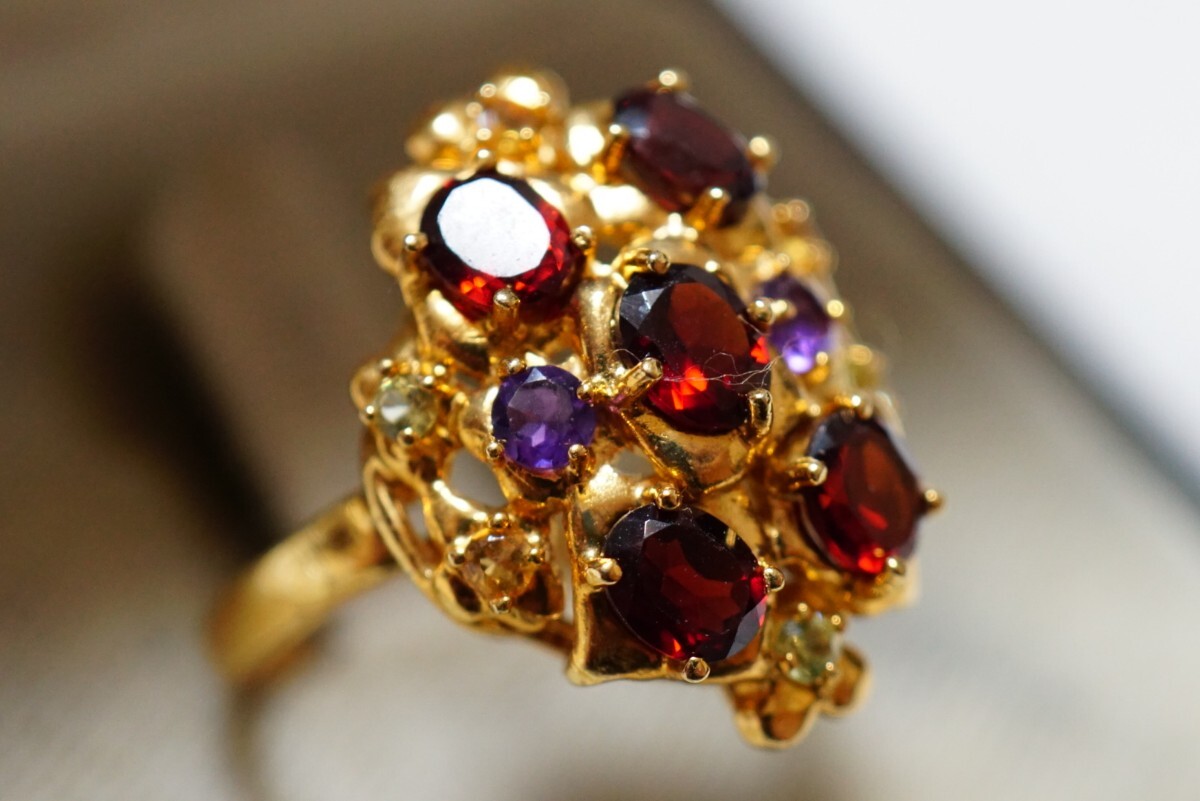 108 ガーネット アメジストなど ゴールドカラー リング 指輪 ヴィンテージ アクセサリー SILVER 925刻印 色石 宝石 カラーストーン 装飾品_画像2