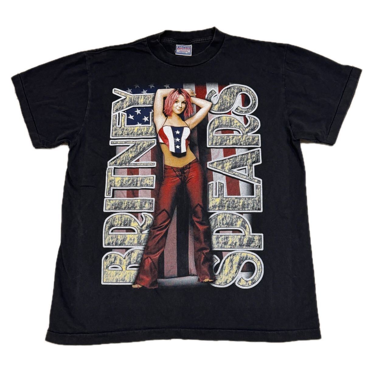 送料無料サイズL★ラスト1点★ブリトニー・スピアーズ★アメリカ国旗Tシャツ黒★星条旗★アーティスト★シングルステッチ_画像1