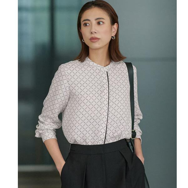 ＩＣＢ【接触冷感・UVケア・速乾・洗える】BackSatinAmunzen バンドカラーブラウス（Ｌ＝15号）新品※大きいサイズ・新品(col.542)_画像2