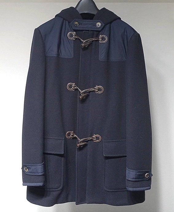  прекрасный товар Salvatole Ferragamo Ferragamo gun chi-ni кожа ti tail f- dead полупальто "даффл коут" темный темно-синий шерсть мужской 48