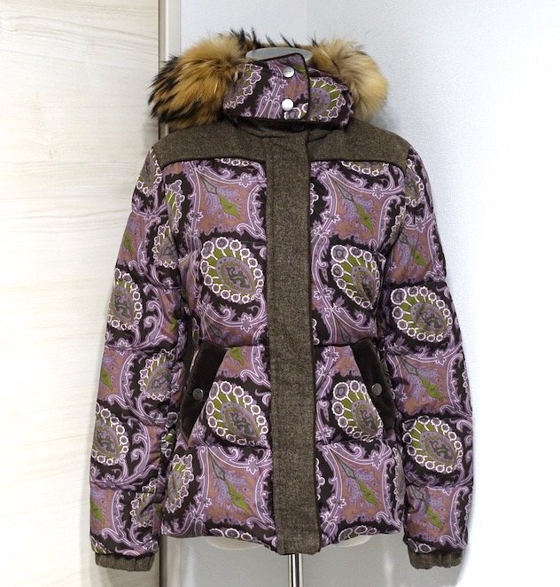 10AW превосходный товар ETRO Etro мех енота peiz Lee рисунок шерсть твид переключатель пуховик полиэстер женский 40 внешний