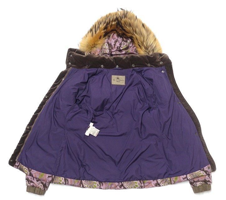 10AW превосходный товар ETRO Etro мех енота peiz Lee рисунок шерсть твид переключатель пуховик полиэстер женский 40 внешний