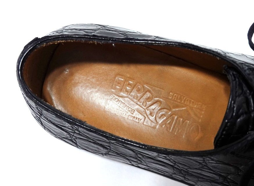 美品 Salvatore Ferragamo フェラガモ クロコダイル レザー レースアップ シューズ ブラック メンズ 7 26-26.5cm 革靴 ドレスシューズ_画像9