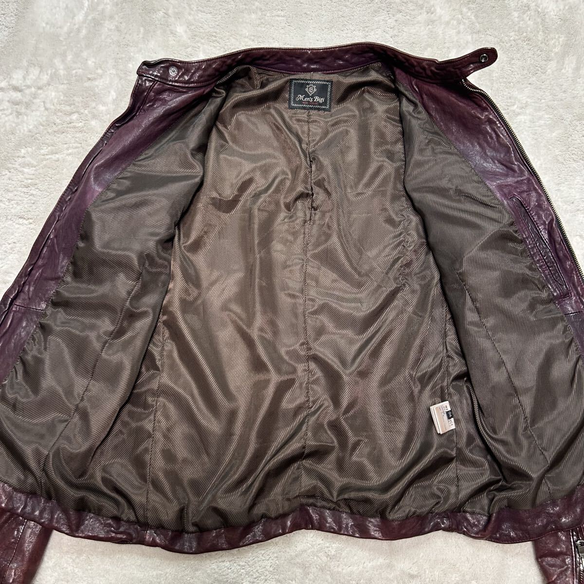 希少カラー/XL相当●メンズビギ MEN’S BIGI 極上ラムレザー ジャケット シングルライダース 羊革 本革 ジップ ボルドー アウター ブルゾン_画像4