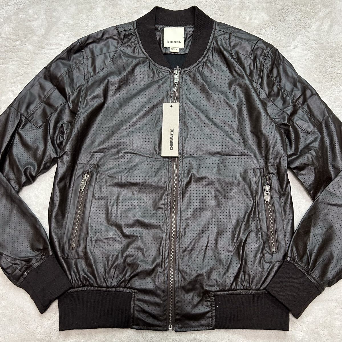 タグ付き/Lサイズ●ディーゼル DIESEL ブルゾン シングルライダース パンチング ロゴファスナー ジップ リブ ブラウン 裏地柄 アウター_画像1