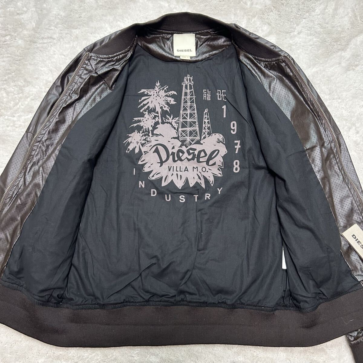 タグ付き/Lサイズ●ディーゼル DIESEL ブルゾン シングルライダース パンチング ロゴファスナー ジップ リブ ブラウン 裏地柄 アウター_画像4