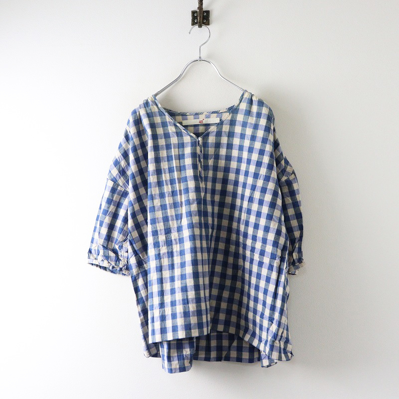 45R' 45rpm フォーティファイブアール コットンチェックパフスリーブブラウス 0\ブルー プルオーバー ギャザー シャツ【2400014613575】_画像1