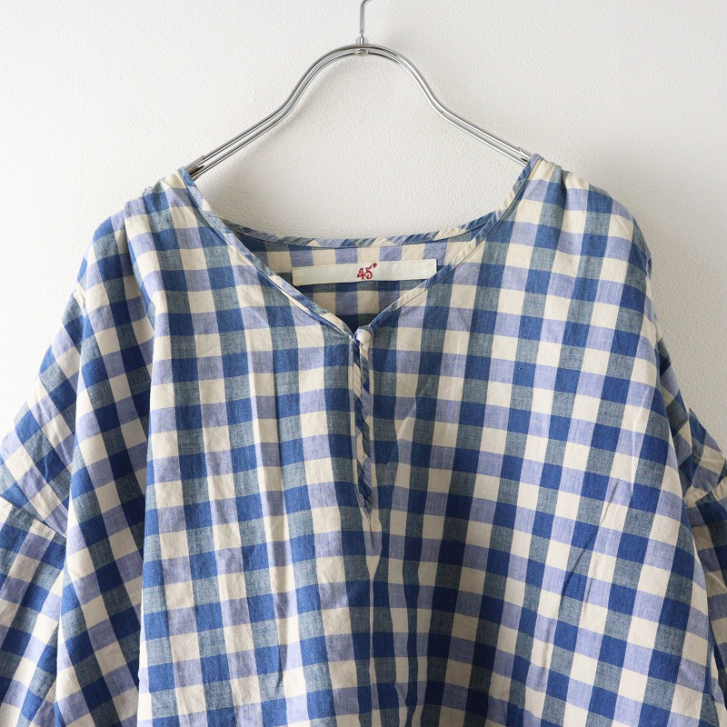 45R' 45rpm フォーティファイブアール コットンチェックパフスリーブブラウス 0\ブルー プルオーバー ギャザー シャツ【2400014613575】_画像3