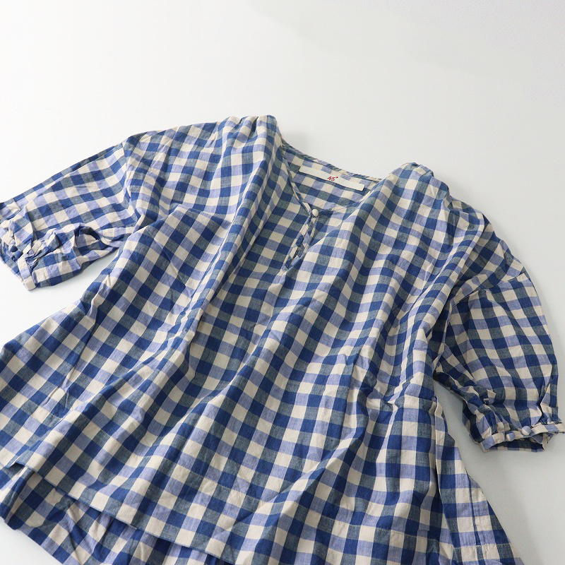 45R' 45rpm フォーティファイブアール コットンチェックパフスリーブブラウス 0\ブルー プルオーバー ギャザー シャツ【2400014613575】_画像5