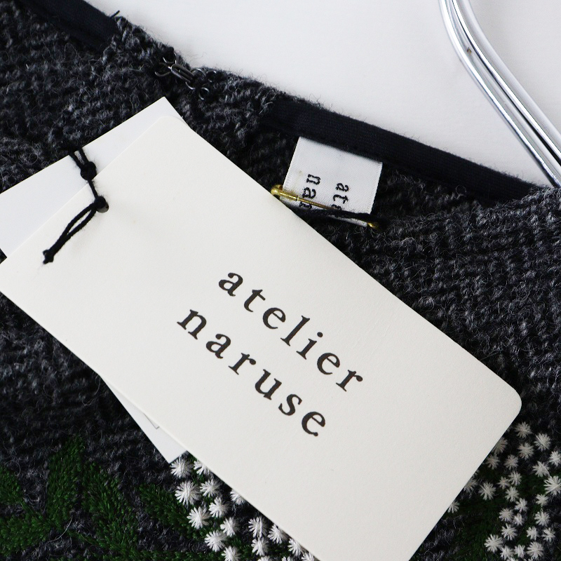 美品 アトリエナルセ atelier naruse mimosa ミモザ刺繍ウールスモックブラウス F グレー┃ヘリンボーン織 トップス【2400014627909】_画像7